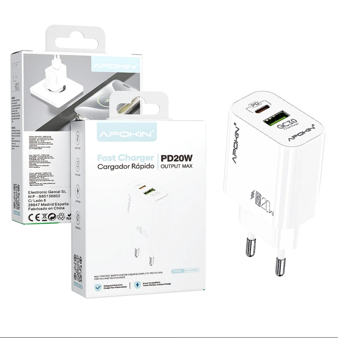 USB-A + PD Tipo-C 20W Sem cabo APOKIN